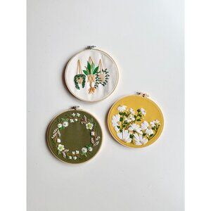 Lot of 3 Handmade Plant Floral Themed Embroidered Hoops Wall Art